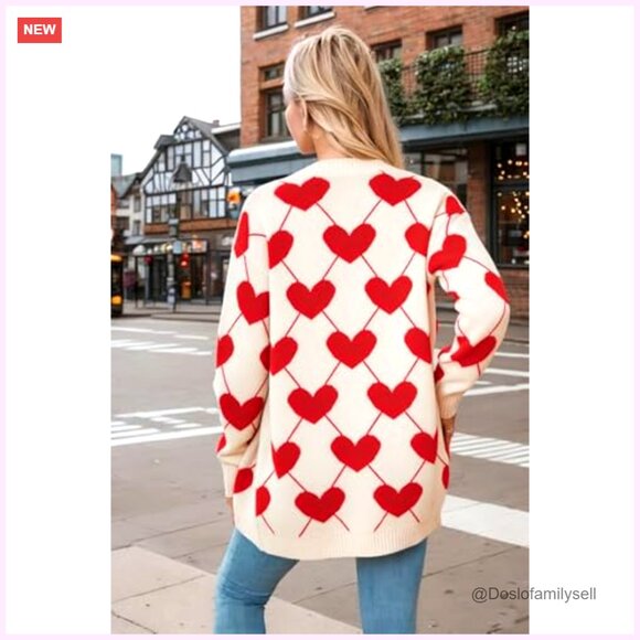 Heart Print Cardigan Open Front Knit Sweater Oversized Chic Valentine Love - Picture 5 of 7